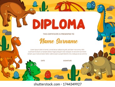 Education diploma certificate vector template with dinosaur animals. Kids award or achievement certificate of elementary school or preschool graduation with cartoon dino monsters background frame