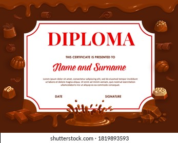 Diploma educativo con chocolate, escuela vectorial o certificado de jardín de infancia. Cañones de caricatura y postres dulces enmarcan la plantilla con choco o cacao, amargo oscuro y chocolate con goteo de leche