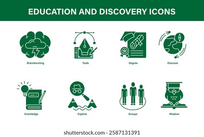 Education and Discovery – The Path to Wisdom and Achievement icon set with editable stroke.