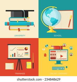 Education distance, online and academic school variations concept backgrounds in retro flat style design. Vector web and mobile application illustrations