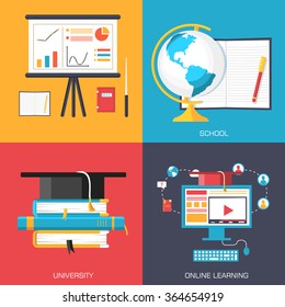 Education distance, online and academic school variations concept backgrounds in retro flat style design. Vector web and mobile application illustrations