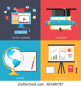 Education distance, online and academic school variations concept backgrounds in retro flat style design.