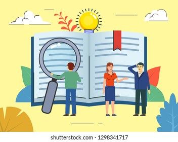 Education, distant learning, lesson. People stand near big book. Poster for social media, web page, banner, presentation. Flat design vector illustration