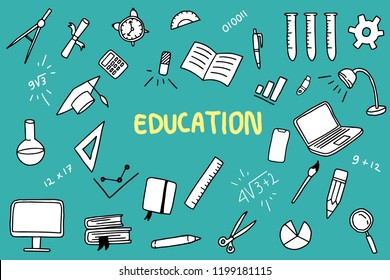 education doodle with color and educations object like note book ruler vector illustration