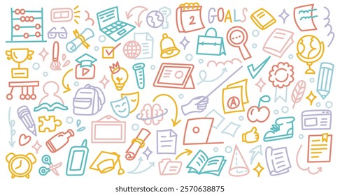 Education Doodle Illustration | Colorful Hand-Drawn Line Art with School Supplies, Books, Science Icons, and Learning Tools in Vector Style