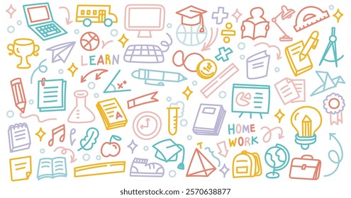 Education Doodle Illustration | Colorful Hand-Drawn Line Art with School Supplies, Books, Science Icons, and Learning Tools in Vector Style