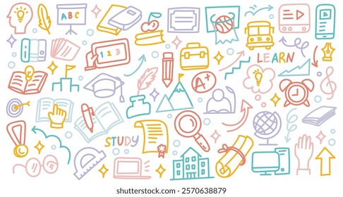 Education Doodle Illustration | Colorful Hand-Drawn Line Art with School Supplies, Books, Science Icons, and Learning Tools in Vector Style