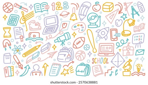 Education Doodle Illustration | Colorful Hand-Drawn Line Art with School Supplies, Books, Science Icons, and Learning Tools in Vector Style