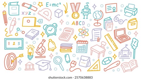 Education Doodle Illustration | Colorful Hand-Drawn Line Art with School Supplies, Books, Science Icons, and Learning Tools in Vector Style