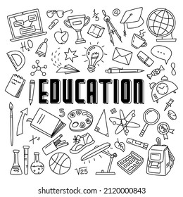 Education doodle objects set. Hand drawn background with school supplies and creative elements. Back to school. Vector illustration.