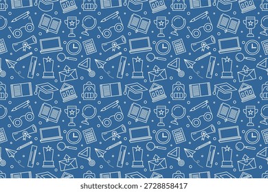 Educação rabiscar padrão. Design de rabiscos com tema educacional. Plano de fundo padrão de suprimentos escolares sem costura.
De volta ao conceito de rabiscar da escola. Conjunto de coleção de ícones de escola de atributos.