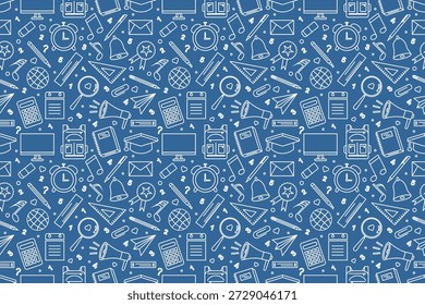Educação rabiscar padrão. Design de rabiscos com tema educacional. Plano de fundo padrão de suprimentos escolares sem costura.
De volta ao conceito de rabiscar da escola. Conjunto de coleção de ícones de escola de atributos.