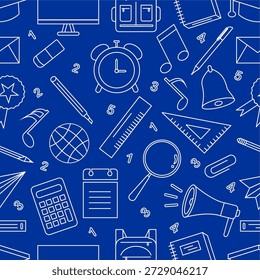 Educação rabiscar padrão. Design de rabiscos com tema educacional. Plano de fundo padrão de suprimentos escolares sem costura.
De volta ao conceito de rabiscar da escola. Conjunto de coleção de ícones de escola de atributos.