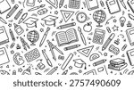 Education Doodle Seamless Pattern with School Supplies Line Art