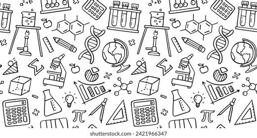 Education doodle seamless pattern. Science line hand drawn elements - mathematics formula, chemistry molecule, dna, graph, scientific experiment vector repeated background