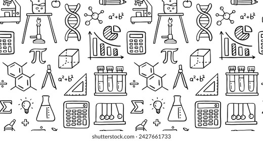 Educación doodle patrón sin fisuras. Línea científica dibujada a mano - fórmula matemática, molécula química, adn, gráfico, vector de experimento científico repetido fondo