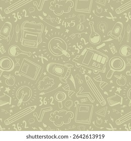 A educação rabisca um padrão perfeito. Elementos desenhados à mão da linha da ciência - fórmula da matemática, molécula da química, dna, gráfico, vetor do experimento científico plano de fundo repetido