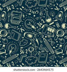Education doodle seamless pattern. Science line hand drawn elements - mathematics formula, chemistry molecule, dna, graph, scientific experiment vector repeated background