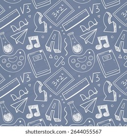 Education doodle seamless pattern. Science line hand drawn elements - mathematics formula, chemistry molecule, dna, graph, scientific experiment vector repeated background