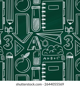 A educação rabisca um padrão perfeito. Elementos desenhados à mão da linha da ciência - fórmula da matemática, molécula da química, dna, gráfico, vetor do experimento científico plano de fundo repetido