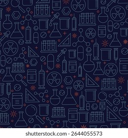 A educação rabisca um padrão perfeito. Elementos desenhados à mão da linha da ciência - fórmula da matemática, molécula da química, dna, gráfico, vetor do experimento científico plano de fundo repetido