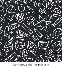 Education doodle seamless pattern. Science line hand drawn elements - mathematics formula, chemistry molecule, dna, graph, scientific experiment vector repeated background