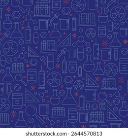 Education doodle seamless pattern. Science line hand drawn elements - mathematics formula, chemistry molecule, dna, graph, scientific experiment vector repeated background