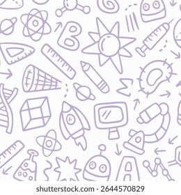 Education doodle seamless pattern. Science line hand drawn elements - mathematics formula, chemistry molecule, dna, graph, scientific experiment vector repeated background