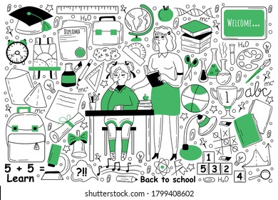 Education doodle set. Collection of hand drawn sketches templates of people learning studying subjects at college or university with teacher. Back to school and getting knowledge illustration.