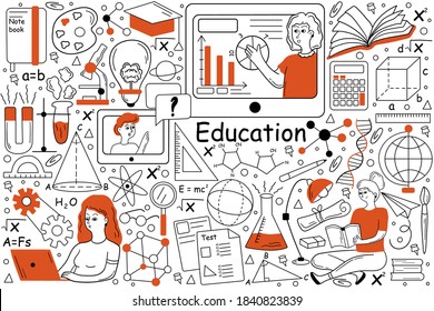 Education doodle set. Collection of hand drawn templates patterns of pupils students learning school university subjects studying at online training courses. Improval of skills expansion of knowledge.