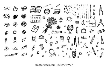 Education doodle set. Vector illustration of School Black scribbles on white background. Arrows, lines and signs for school-themed decoration.