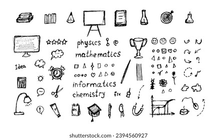 Education doodle set Vector illustration. Scribbles on white background.