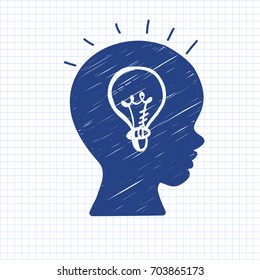 Education doodle styled lamp symbol in boys head on paper sheet. Vector illustration. Kids face profile contour with sketch lamp. Pen drawn contour of schoolboy profile. Idea concept