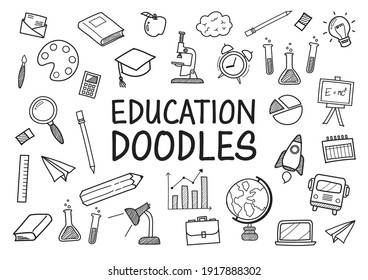 Education Doodles Hand Drawn Icons. Vector Illustration