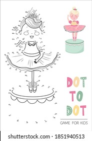 Education dot to dot game for children. Cute little ballerina, princess.Vector illustration.