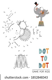 Education dot to dot game for children. Elephant performs in a circus. Vector illustration.