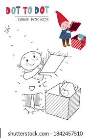 Education dot to dot game for children. Gnome with gift box, Christmas time. Vector illustration.