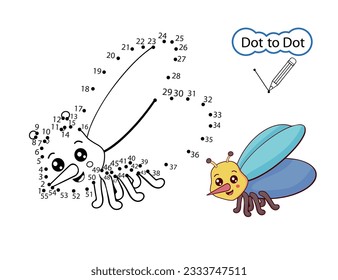 Education dot to dot game. Kids activity riddle worksheet with cartoon mosquito. Finish drawing image of cute insect. Vector illustration.