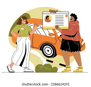Education in driving school. Poster or banner for website. Instructor gives young girl drivers license. Student has successfully passed final test or examination. Cartoon flat vector illustration