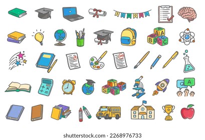 Education dry brush stroke objects colored line vector illustration. Hand drawn design elements knowledge learning concept