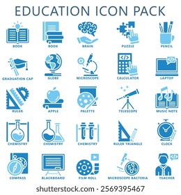 Education dual tone blue color icons set. contain book, globe, calculator, pen, ruler, laptop and more. use for modern concept, web and app development. Vector EPS 10