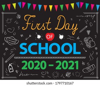 Education During A Covid-19 Pandemic. First Day Of School 2020-2021 Banner, Card, Poster, Announcement, Invitation. Black Chalkboard Sign Printable. Back To School Vector Concept. 