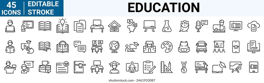 Education and e learning web icons in line style. School, university, success, academic, textbook, Distance learning Electronic resources