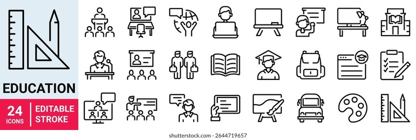 Ícones da Web de educação e e aprendizagem em estilo de linha. Escola, universidade, sucesso, acadêmico, livro didático, Ensino à distância Recursos eletrônicos