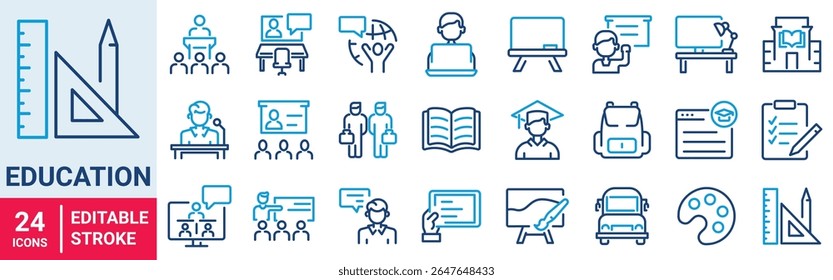 Ícones da Web de educação e e aprendizagem em estilo de linha. Escola, universidade, sucesso, acadêmico, livro didático, Ensino à distância Recursos eletrônicos