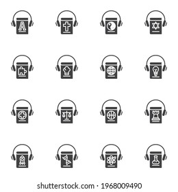 Education, e-book vector icons set, audiobook modern solid symbol collection, filled style pictogram pack. Signs, logo illustration. Set includes icons as religion book, dictionary, chemistry, sport