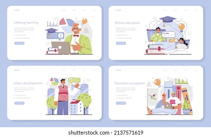 Education ecosystem web banner or landing page set. Multidisciplinary and lifelong teaching, knowledge gaining. Online education, modern urban development. Flat vector illustration