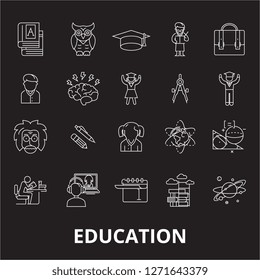 Education editable line icons vector set on black background. Education white outline illustrations, signs, symbols