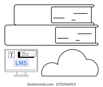 Education, e-learning, cloud storage, online courses, digital libraries, knowledge sharing. Books, a computer screen labeled LMS and a cloud icon. Education and e-learning concept