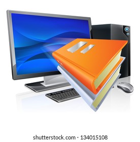 An education e-learning computer book concept, book icons flying out of a desktop pc computer. Could also relate to ebooks as well as online learning.